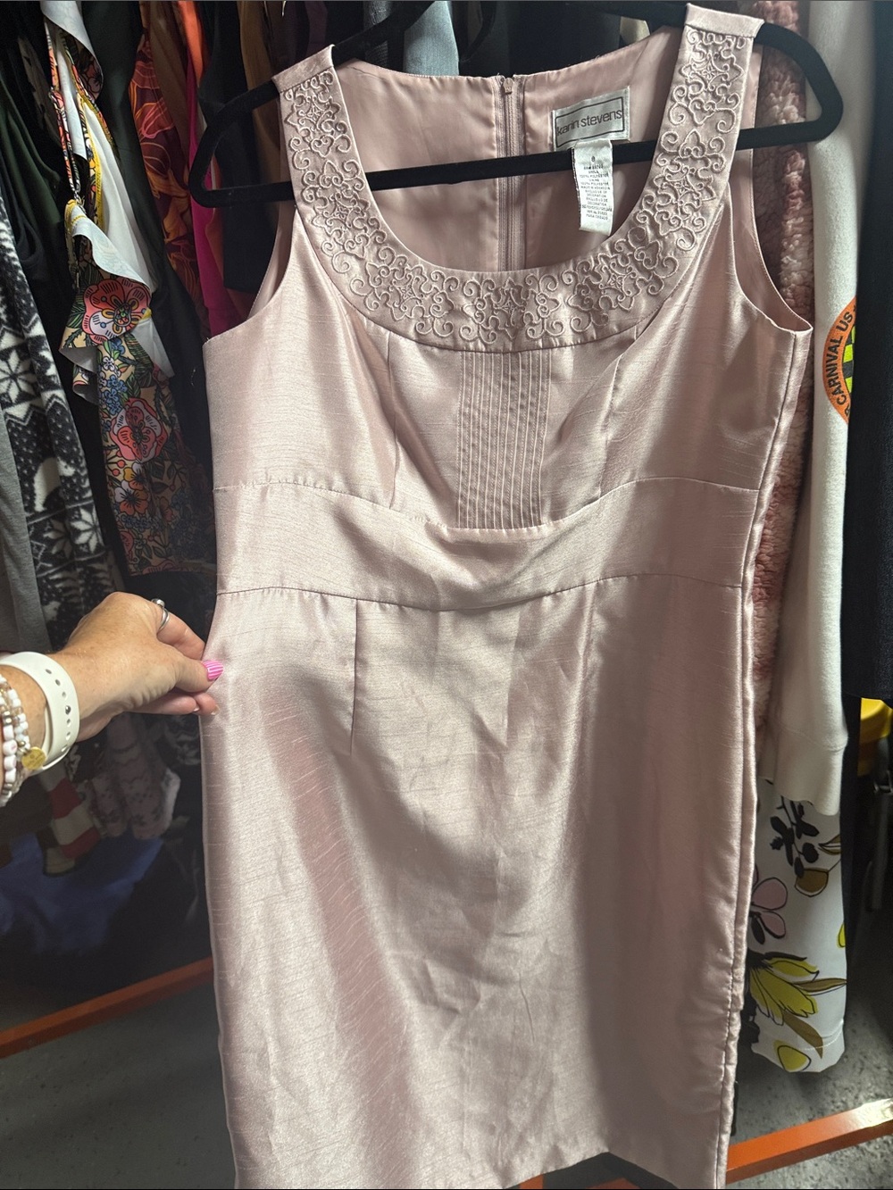 karin stevens Blush Pink Embroidered Neck Satin Shift Dress